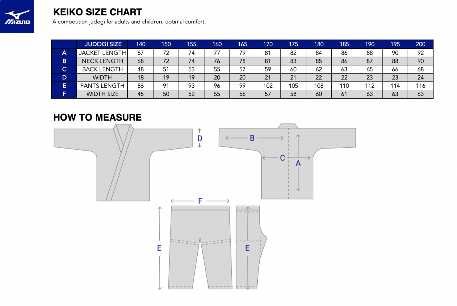 Mizuno size table best sale